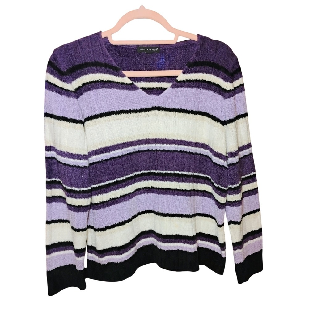 VTG Y2K Carolyn Taylor Chenille Knit Sweater Women's L Purple Stripe Soft Cozy